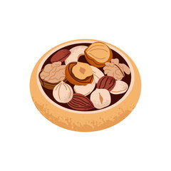 Nuts in bowl. Walnuts, hazelnuts and coconut. Healthy vegan snack pistachios, chestnuts and almond, cashews and peanuts. Different superfood. Natural food in plate vector cartoon isolated illustration