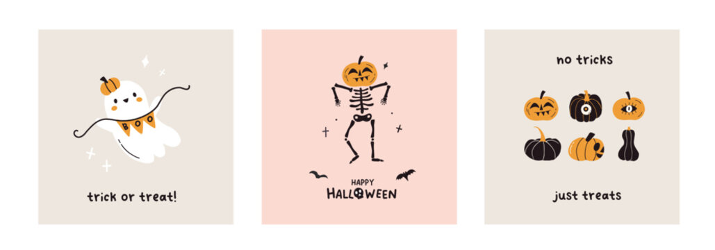 Happy Halloween cards design. Pumpkins, cute kawaii ghost and skeleton party poster template. Scary spooky horror characters banner invitation. Vector flat illustration