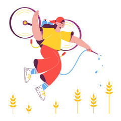 Woman with jet pack watering plants