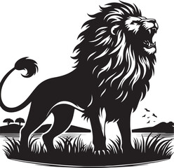 Stylized lion silhouette, roaring pose, black and white illustration