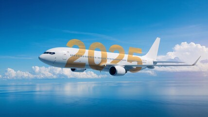 Obraz premium A stunning 3D render of the year 2025 in gold text, soaring through a bright blue sky alongside a sleek white airplane, with fluffy clouds in the background