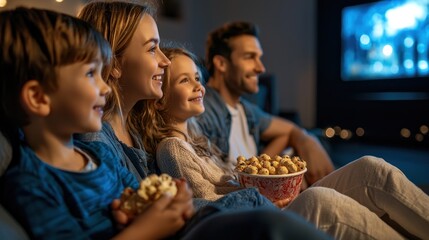 Obraz premium During a movie marathon, a young family snacks and watches TV, having a fun family time.