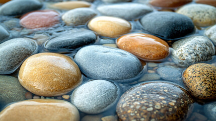background of smooth, rounded river stones in a riverbed with water reflections