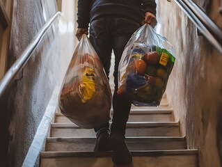 Person Carrying Grocery Bags Up the Stairs in a City Building