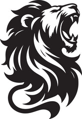 Stylized lion silhouette, roaring pose, black and white illustration