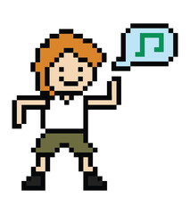Obraz premium Cute pixel cartoon cheer character man exercises training dance lifestyle music decoration life style 8 bit male boy dance with music game fitness isolated PNG vector.