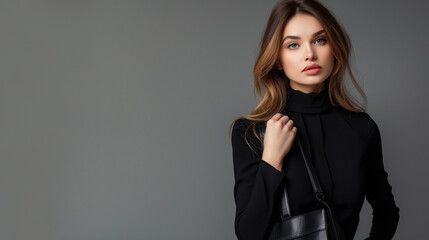 Fototapeta premium Fashionable woman in black dress poses with a designer handbag, blank text area.