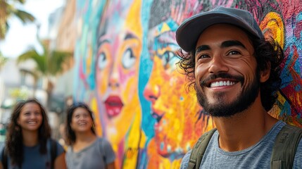 A diverse group of artists creating a mural that celebrates inclusivity and cultural pride