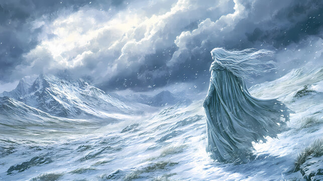Myth of the cailleach a winter hag of celtic mythology stormy skies snowcovered mountains ancient crone wielding power over the seasons. Celtic Mythology. Illustration