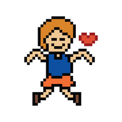 Fototapeta premium Cute pixel cartoon 8bit character man exercises training dance lifestyle music decoration life style 8 bit male boy dance with music happy fitness isolated PNG vector.