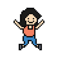 Fototapeta premium Cute pixel cartoon cheer character woman exercises training dance lifestyle music decoration life style 8 bit female girl dance with music happy fitness isolated PNG vector.
