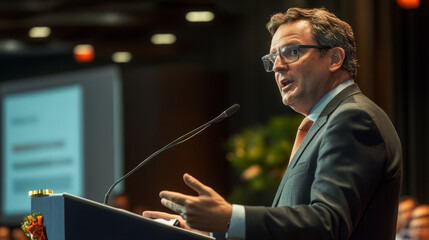 An economist giving a keynote speech on global market trends at an international business conference