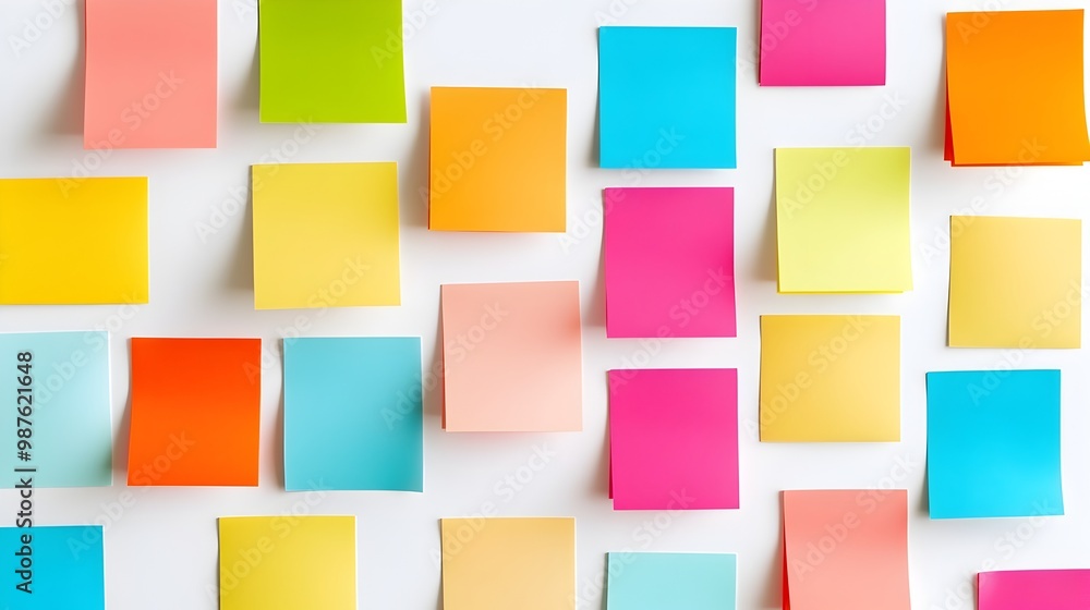 Poster neatly arranged colorful sticky notes forming striking grid pattern on white backdrop