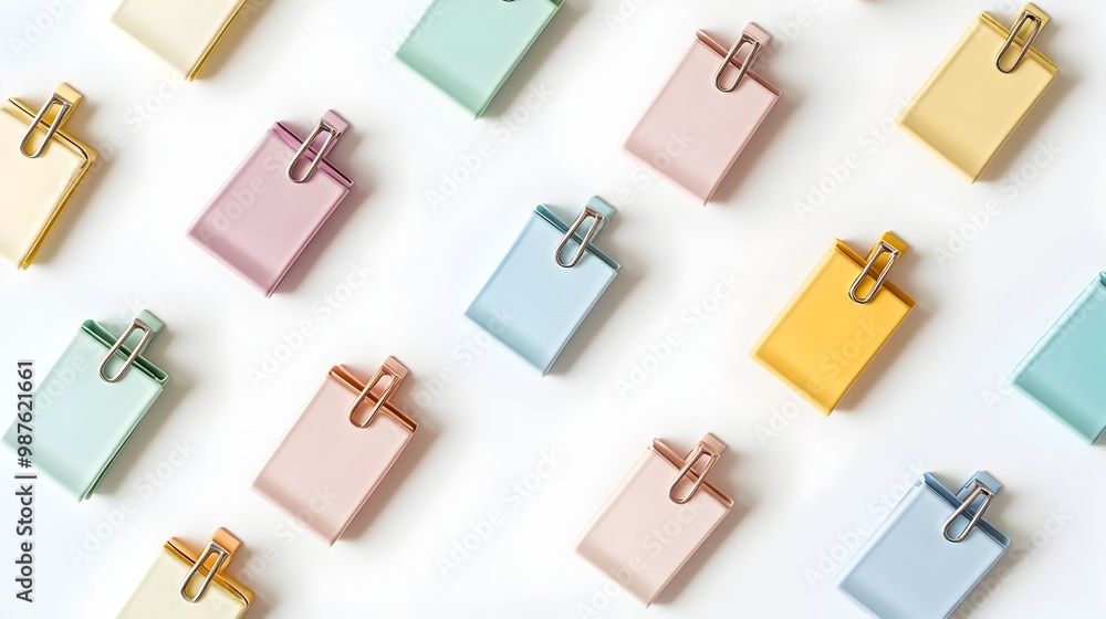Poster neatly arranged binder clips in geometric grid pattern on muted canvas