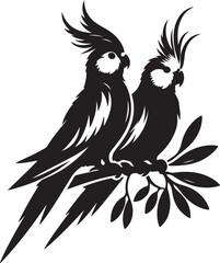 A bird of Cockatiel silhouette vector art pure black color graphics illustration with no background design, two female and male Cockatiels standing style for printable line art icon.