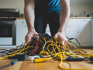Tangled Electrical Cords and Cables Strewn on a Messy Desk in a Disorganized Workplace