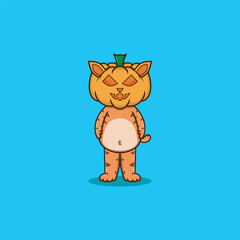 Cute Cat Pumpkin Ghost Halloween Cartoon Vector Icon Illustration. Food Holiday Icon Concept Isolated Premium Vector. Flat Cartoon Style