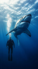 Obraz premium A diver with a shark - Phone Wallpaper, shark, diver, underwater, ocean, sea, marine life, aquatic, blue, scuba diving, water, predator, swimming, adventure