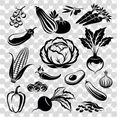 
black contour set of vegetables on a transparent background