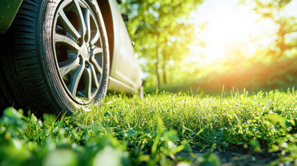 Eco-Friendly Travel Concept Car with Rubber Tires on Green Grassy Roadside under Sunlight Harmony of Nature and Automotive Adventure