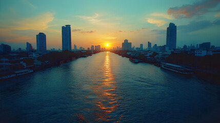 Naklejka premium Sunset Over City Skyline with River in the Foreground - Digital Painting