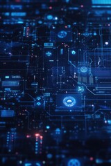 Futuristic digital circuit board with glowing blue lights for technological background