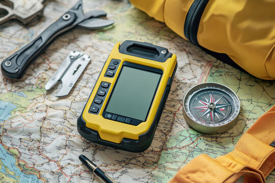 Yellow GPS device with a compass and tools on a topographic map, symbolizing modern outdoor exploration and navigation tools for adventurers.