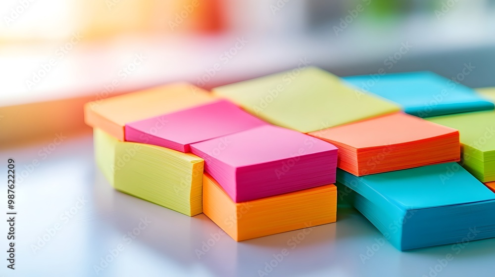 Poster neatly organized cluster of colorful sticky notes on bright surface in flat design style
