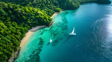 Aerial View of Tropical Island with Sailboats and Lush Forest