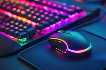 RGB-lit gaming mouse with a glowing keyboard on a desk, showcasing a futuristic and high-tech gaming environment with neon lights.
