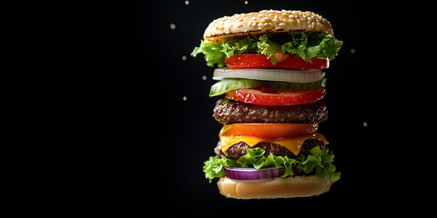 A delicious stacked burger with vibrant ingredients, floating against a dark background, showcasing its layers of lettuce, tomato, cheese, and onions.
