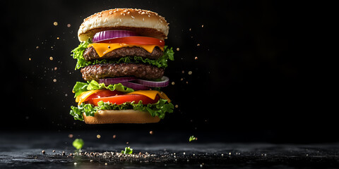 A delicious stacked burger with vibrant ingredients, floating against a dark background, showcasing its layers of lettuce, tomato, cheese, and onions.