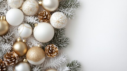Winter holiday wallpaper. Festive white and gold Christmas ornaments and baubles, with copy space