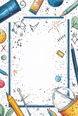 An elegant school-themed frame featuring art and science tools for creative writing and education projects