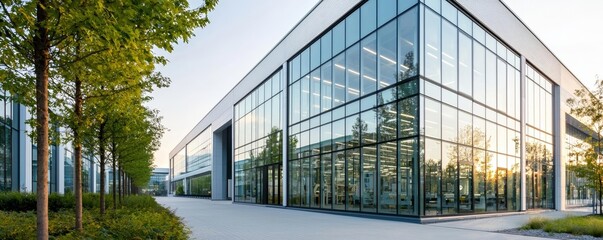Modern industrial building with large glass facades, corporate RD center set in an open, sunlit campus with trees lining the perimeter