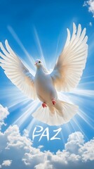 Obraz premium White Dove Flying in the Blue Sky, with a Sign in Its Paws with the Word 
