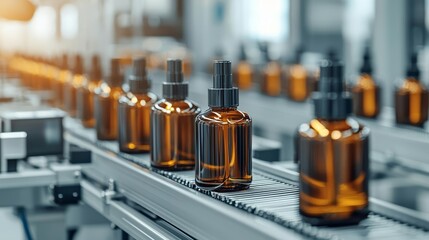 Conveyor system in a factory producing hair care bottles, automated assembly line for cosmetic packaging, modern beauty industry technology