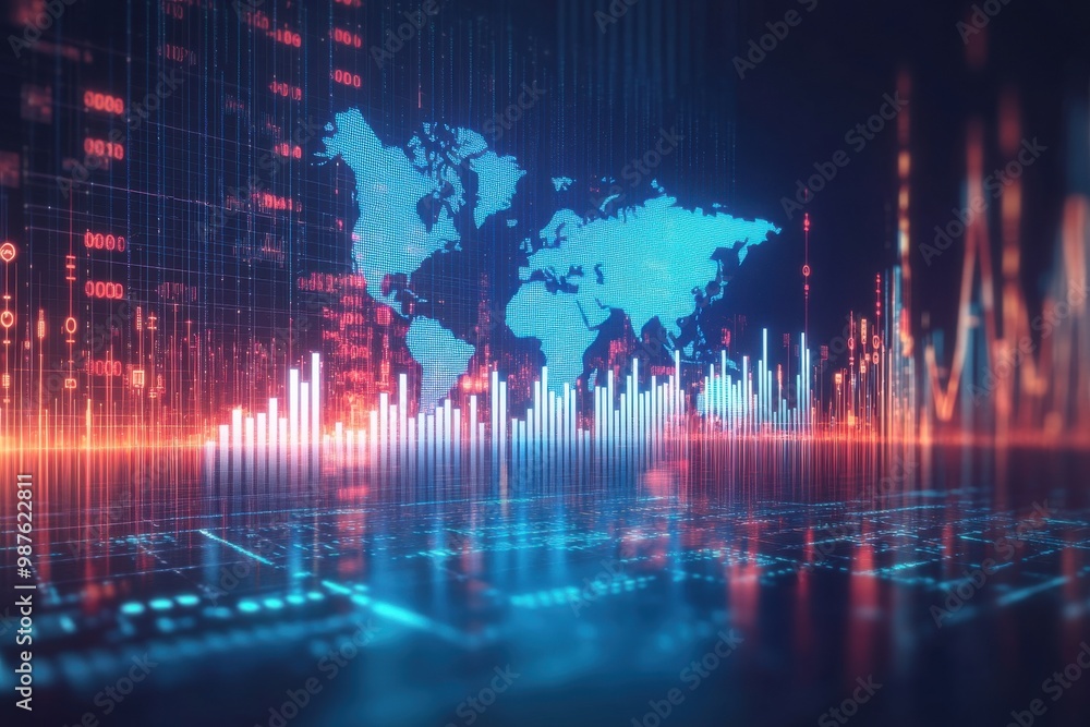 Poster digital world map with glowing stock market charts and futuristic data visualization background