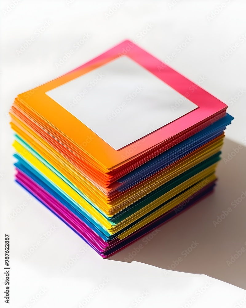 Poster neatly stacked colorful index cards forming a visually striking minimalist composition