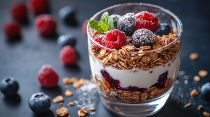 Fruit yogurt with a topping of granola and berries, offering a delicious and nutritious option.
