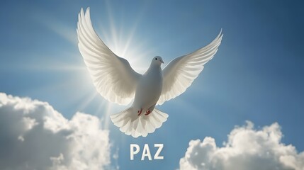 Fototapeta premium White Dove Flying in the Blue Sky, with a Sign in Its Paws with the Word 