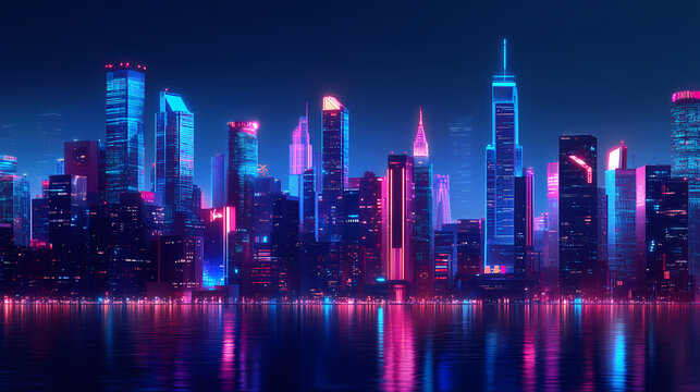 Neon night city of the future. night panorama of the city, neon light, lights of a large metropolis, high-rise buildings. 3d illustration. City at Night. Illustration