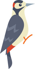 Minimalist vector illustration of a great spotted woodpecker perching on a tree branch, in profile view