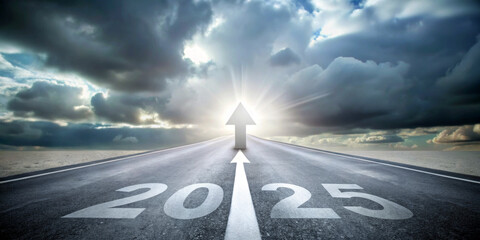 On the road,an arrow points to a bright light on the horizon,the number 2025 on the asphalt.Clouds fill the sky,marking a significant moment in time and the beginning of a new year.Happy new year.AI