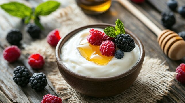 Greek yogurt with a dollop of honey and mixed fruits, combining sweetness and nutrition.