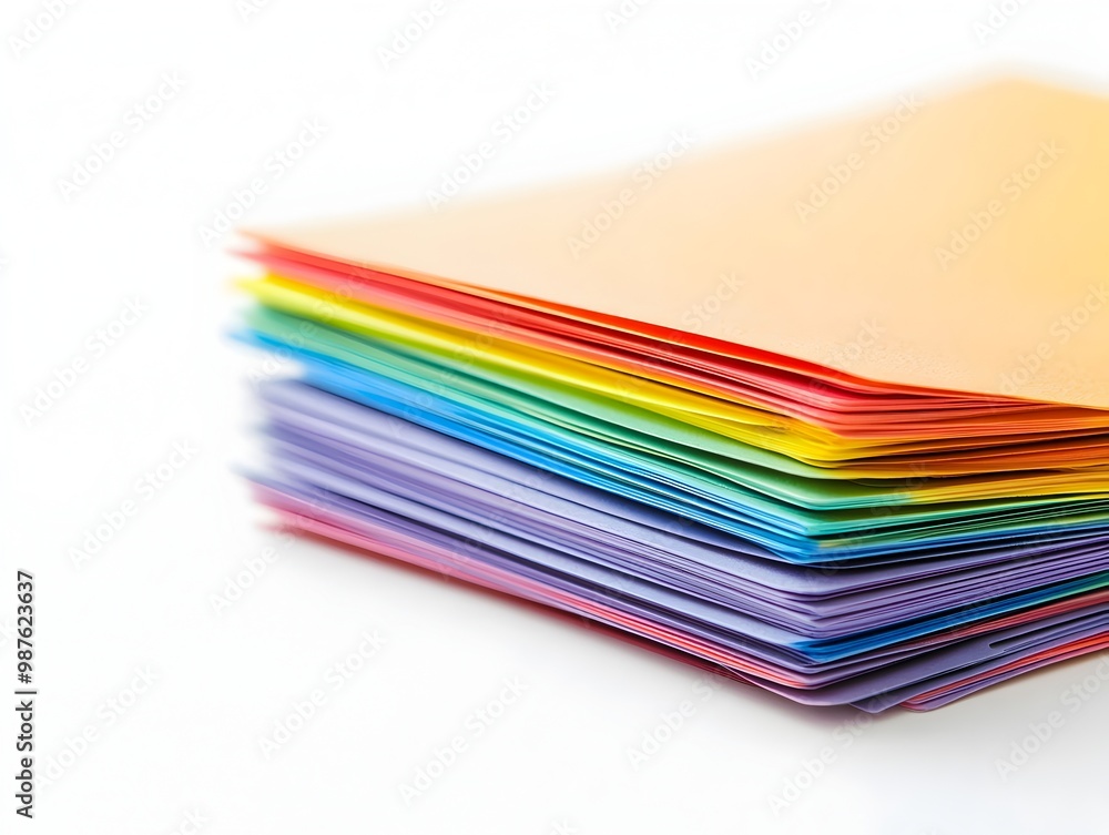 Aufkleber neatly stacked pile of colorful index cards on clean white background