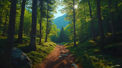 Obraz premium Sunlit Forest Path, Lush Greenery, Natural Trail, Woodland Scenery, Tranquil Background