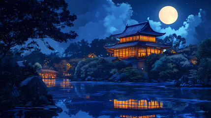 Obraz premium Japanese temple in moonlight and blue water reflection. Samurai Castle. Illustration