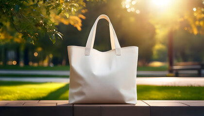 Tote bag mockup concept image with a blank tote bag sitting outside in a park on sunny day for the large sturdy cloth unfastened bag with parallel handles with copy space 