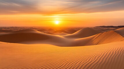 A stunning desert sunset over sand dunes, casting long shadows and creating an otherworldly atmosphere in the vast expanse of natural beauty